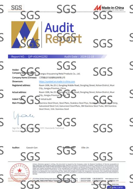 China Jiangsu Xinyuanxing Metal Products Co.,Ltd certification